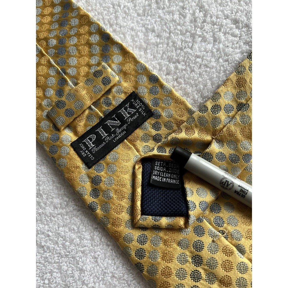 Thomas Pink Yellow Blue Polkadot Medallion Woven Motif Jacquard Silk Tie Necktie